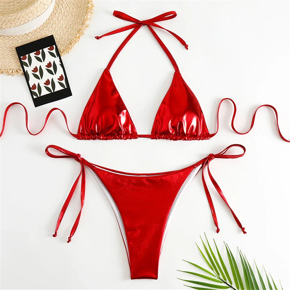 Halter Triangle Sexy Bikini Sets 2023 Women Patent Leather Glitter Swimsuit Summer Solid G-String Swimwear Side Lace Up Monokini s5Red
