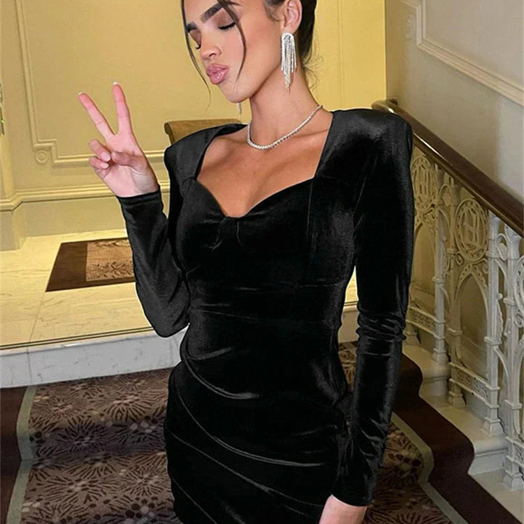 Nsauye New Fashion Women Velvet Elegant Mini Sexy Club Dress Evening Birthday Holiday Long Sleeve Party High Waisted Dress 2024 black