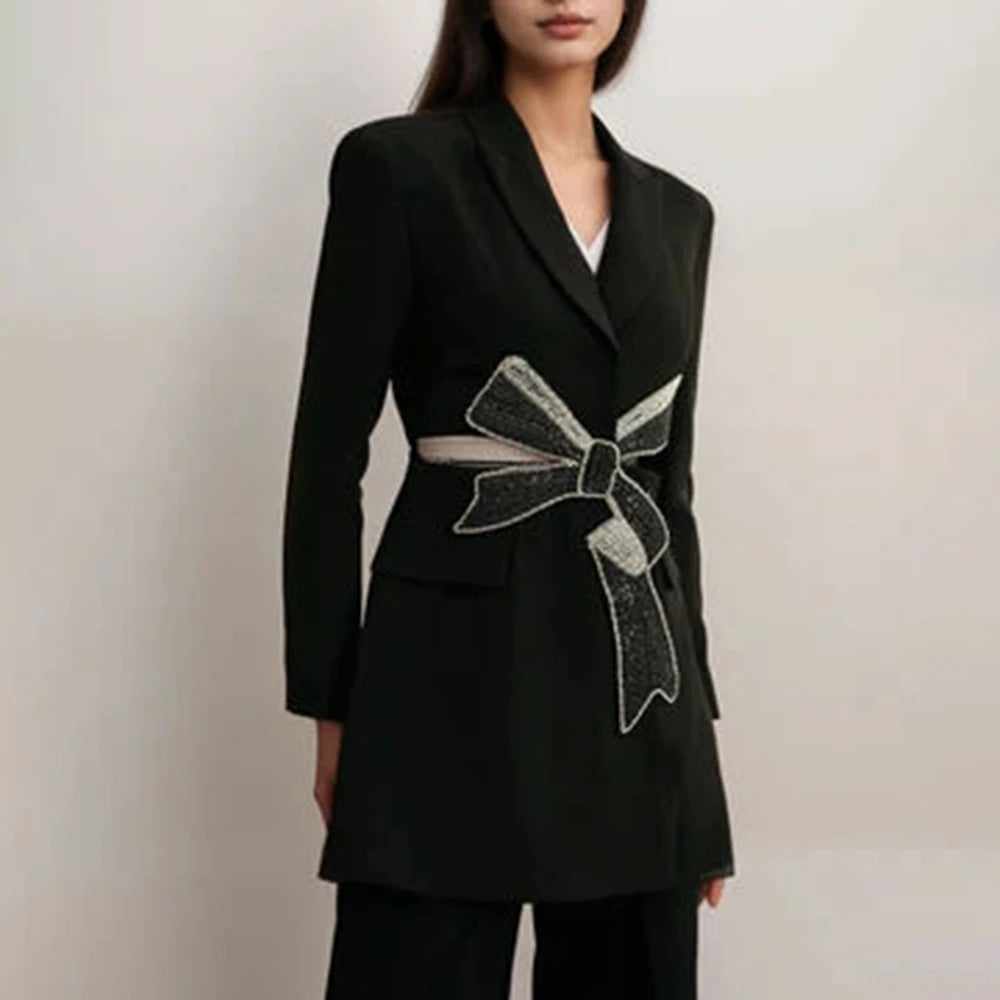 TWOTWINSTYLE Solid Hollow Out Spliced Bow Fashion Jackets for Women Lapel Long Sleeves Patchwork Button Jacket Female Clothing