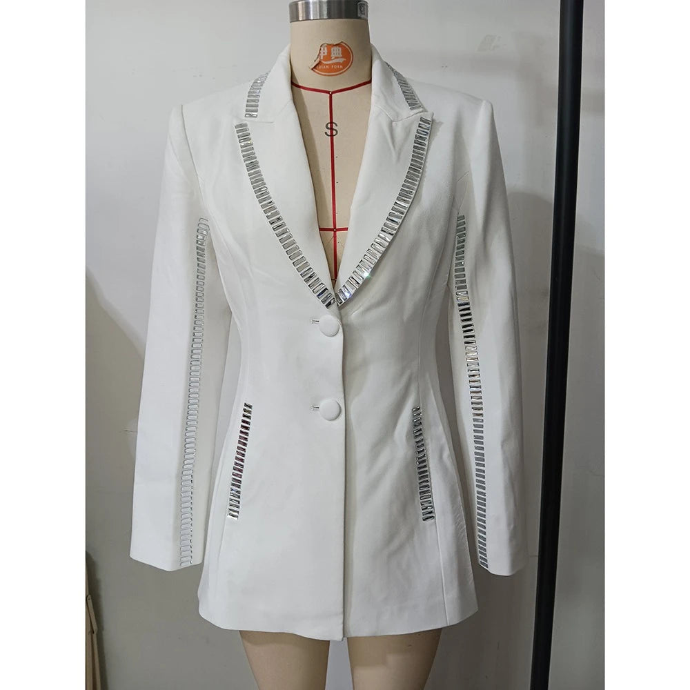 TWOTWINSTYLE Solid Slimming Spliced Hot Fix Jackets for Women Lapel Long Sleeves Patchwork Single Breasted Jacket Female Clothes