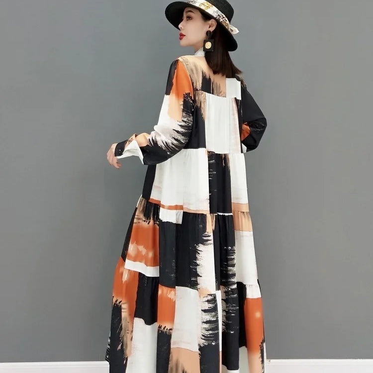 SHENGPALAE 2024 Autumn Fashion Tide Dress For Women Stand-up Collar Long Sleeve Printing Elegant Loose Fit Female Robe 5AE209