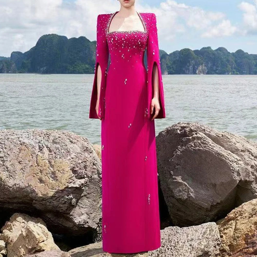 TWOTWINSTYLE Solid Slimming Spliced Bead Luxurious Dresses for Women Square Neck Long Sleeves Patchwork Split Dress Femlae New