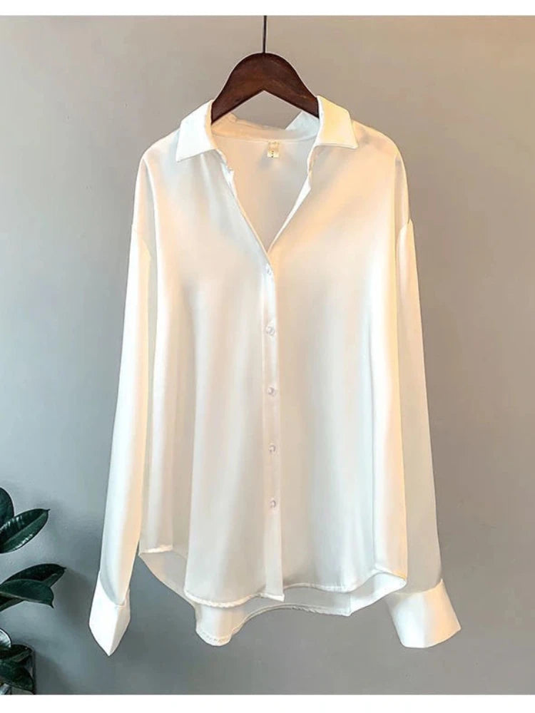 Casual Office Lady Silk Blouses Autumn Long Sleeve Button Up Shirt Women Elegant Winter Tops Office Lady Acetate Blouse WHITE