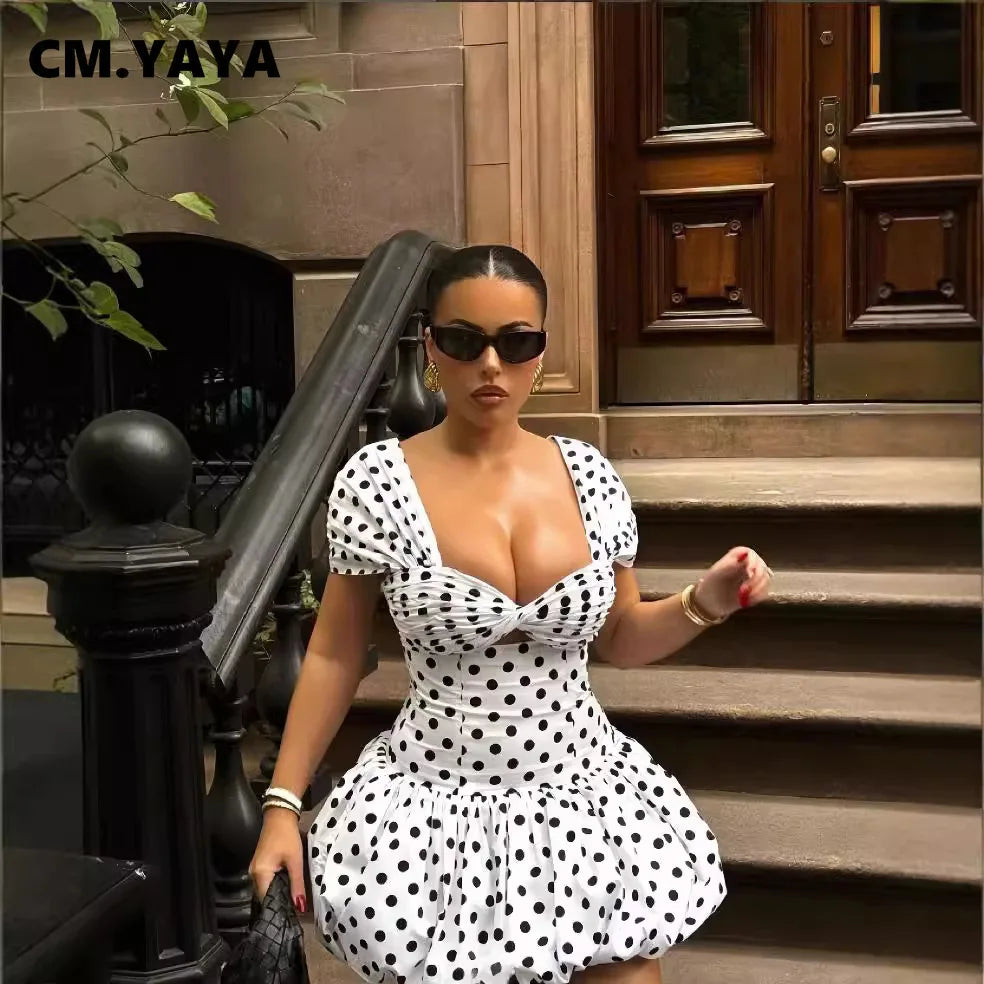 CM.YAYA Women Dot Printed Draped Big Swing Waist Dress 2025 Short Sleeve Evening Sexy Club Party Evening High Street Dresses