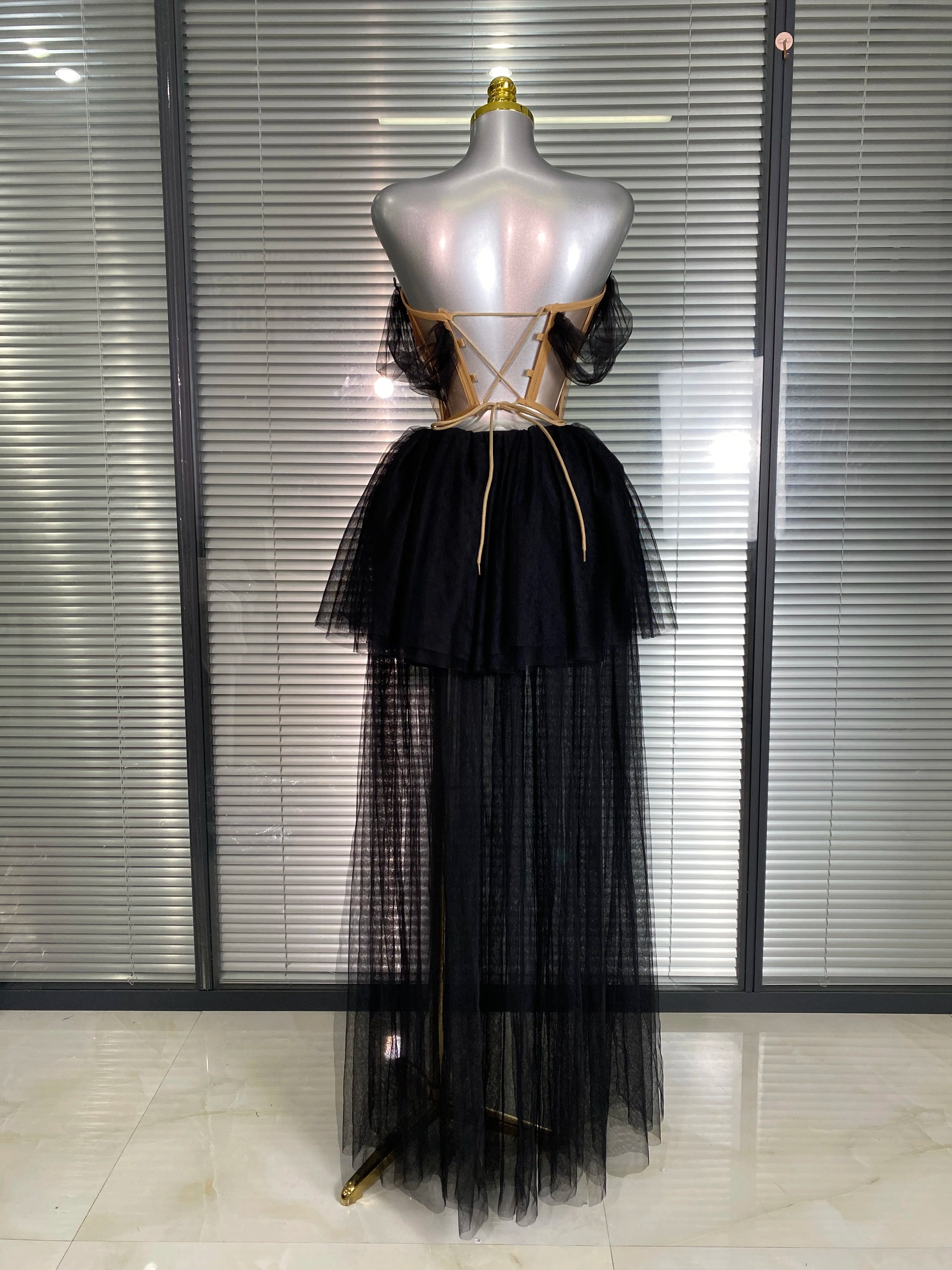 Summer New 2025 INS Sexy Two Pieces Set Women Celebrity Adjustable Laced Black Skirt Suits Stage Costume