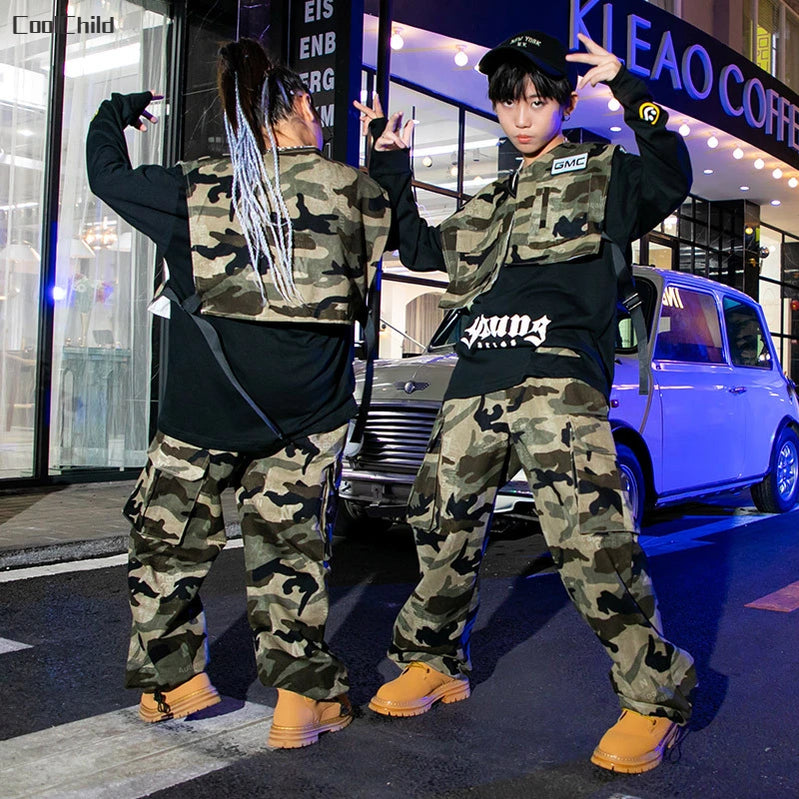 Boys Streetwear Girls Hip Hop Camouflage Vest Cargo Pants Children Military Jogger Street Dance Kids Costume Teen Fashion Outfit
