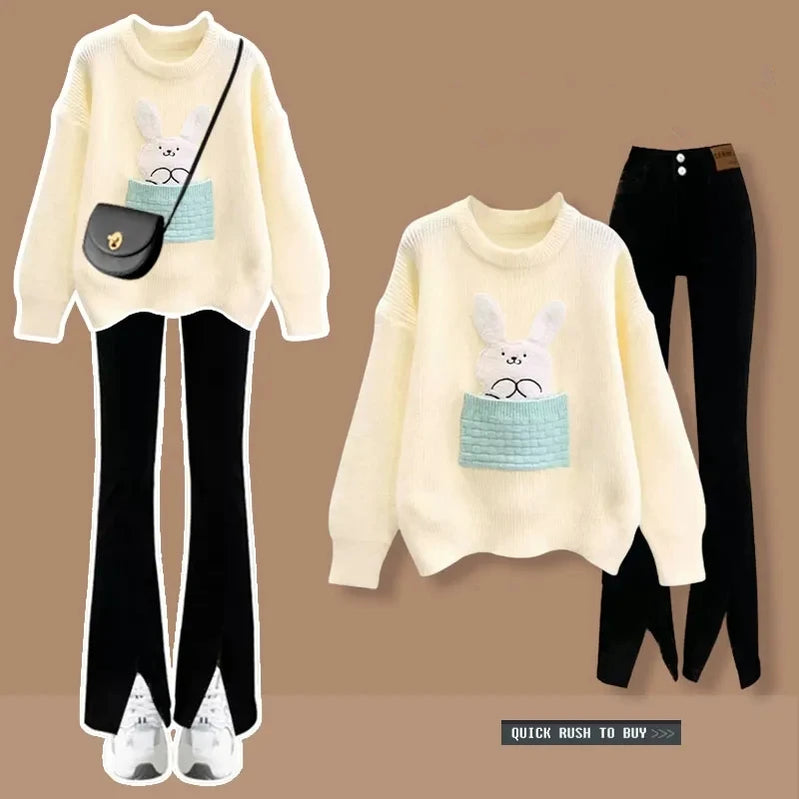 Autumn Winter Lucky Red Sweater Flare Pants 1 or Two Piece Set Korean 2023 New Lady Loose Knit Pullovers Black Trousers Outfits Set C