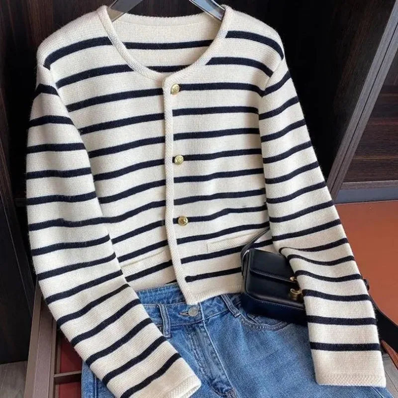 Spring Autumn Stripes Knit Cardigan Womens Elegant Long Sleeve Single Breasted Short Coat Ladies O-neck Apricot Knitted Sweaters