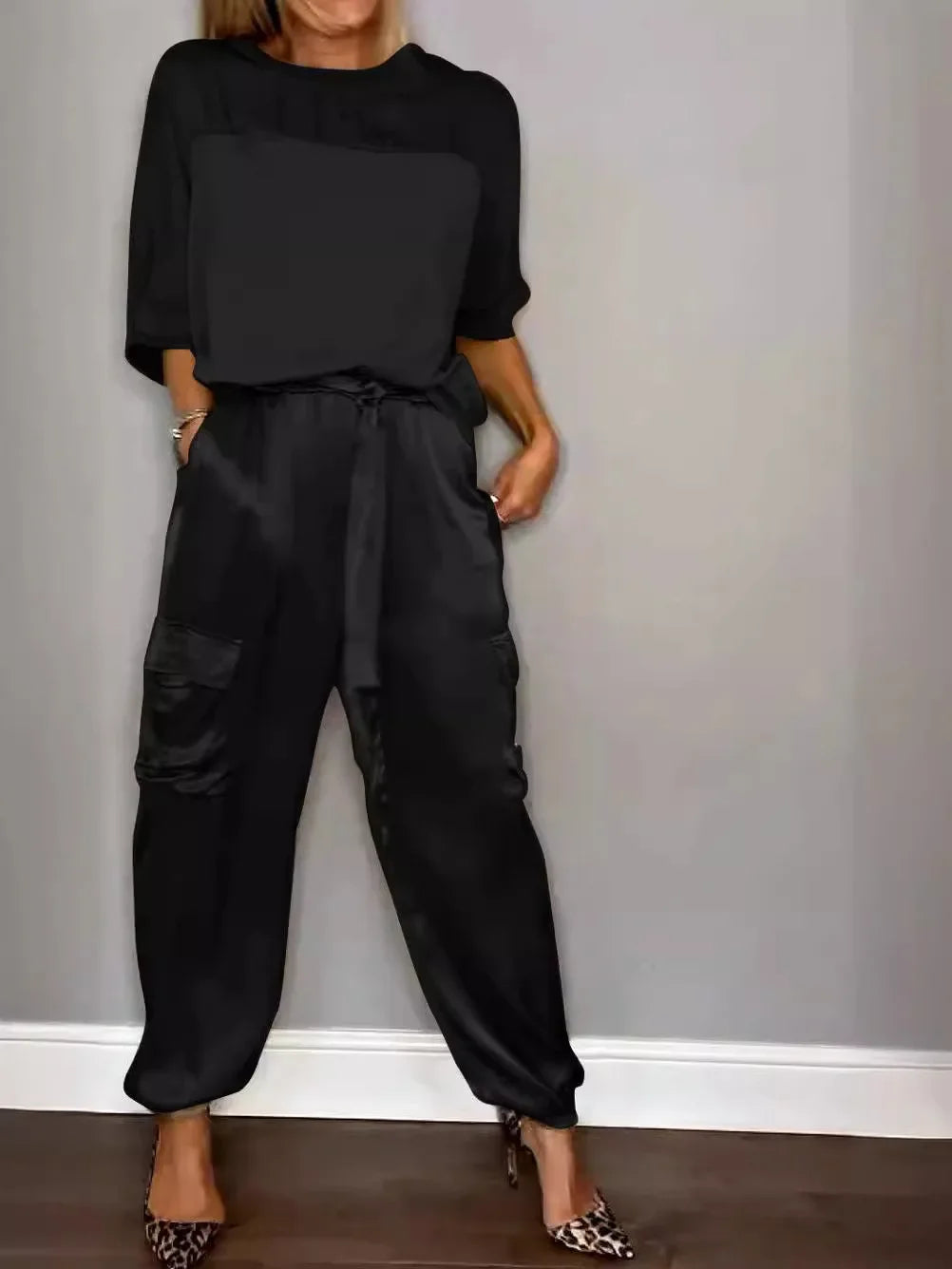 Summer Satin 2 Piece Set Women Casual Solid Color 2 Piece Outfit Half Sleeve Tops Loose Fit Pants Suit Two Piece Sets Black