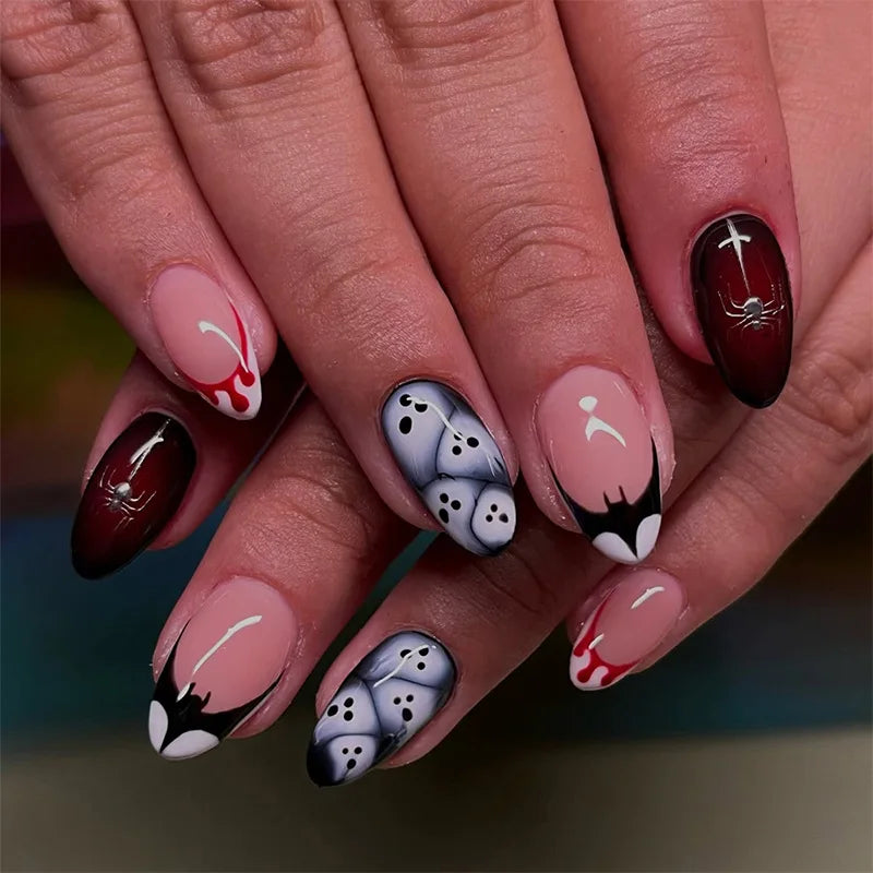 24pcs Halloween False Nails Sets Press on Spider Design French Long Almond Fake Nails Art Gradient Black Full Cover Nail Tips