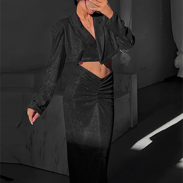 Ladies New Bling Glitter Slim Dress Set 2 Pieces Long Sleeve Pad Crop Top And Maxi Skirt Evening Party Night Club Women Outfits black