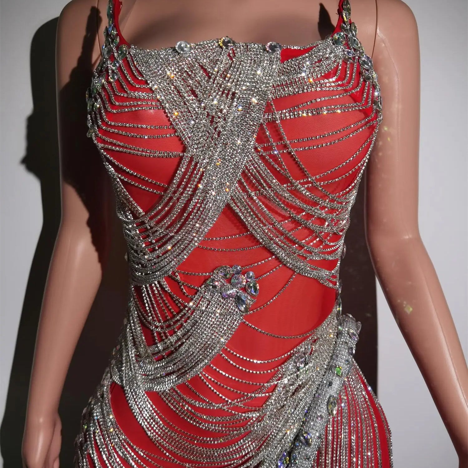 Luxurious Silver Crystals Chains Summer Dresses Women Fashion Rhinestones Fringes Performance See Through Outfit Costume Luoli