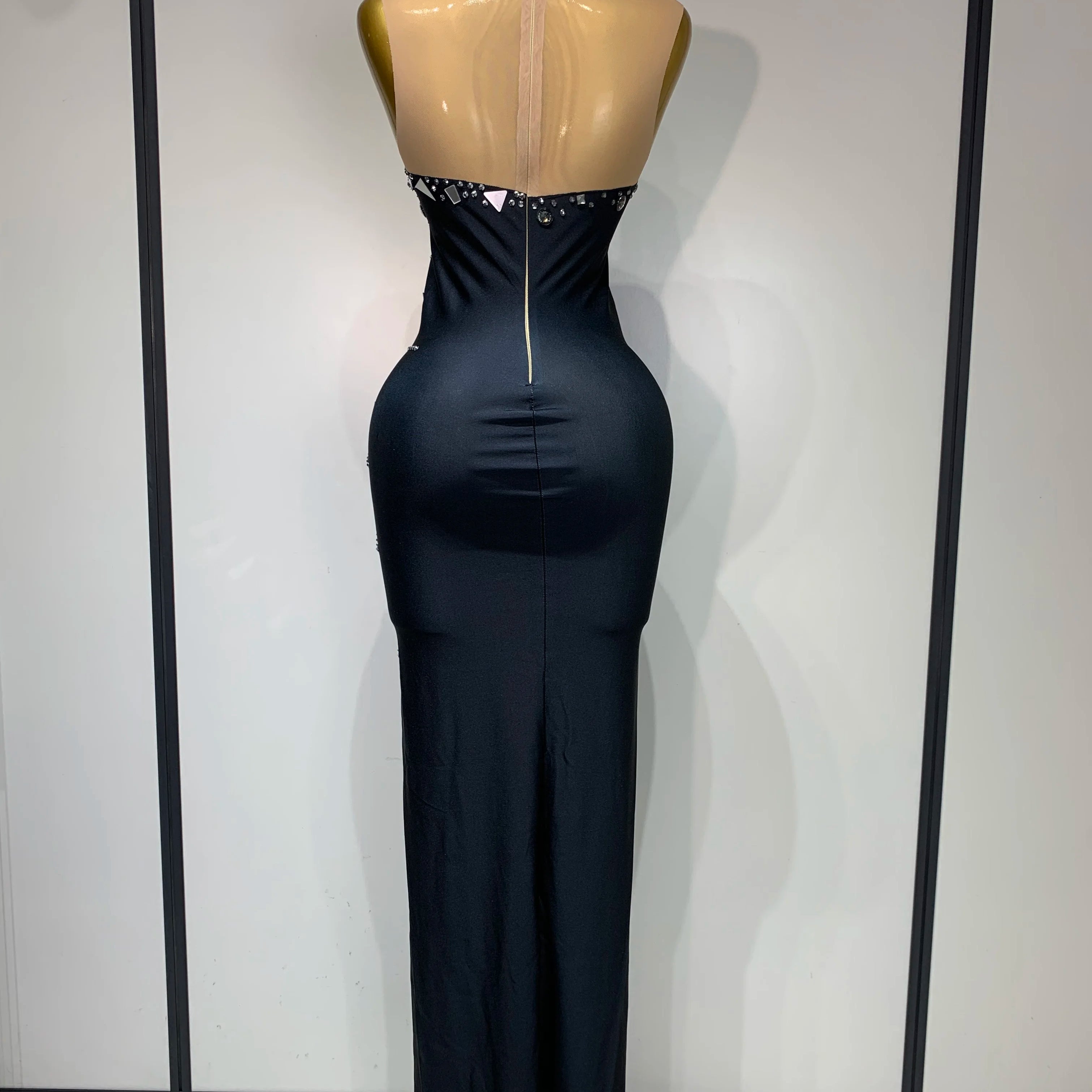 Vestido preto com patchwork e strass, com lentes de laço, vestido longo para festa, comemoração, baile de formatura, palco, festival