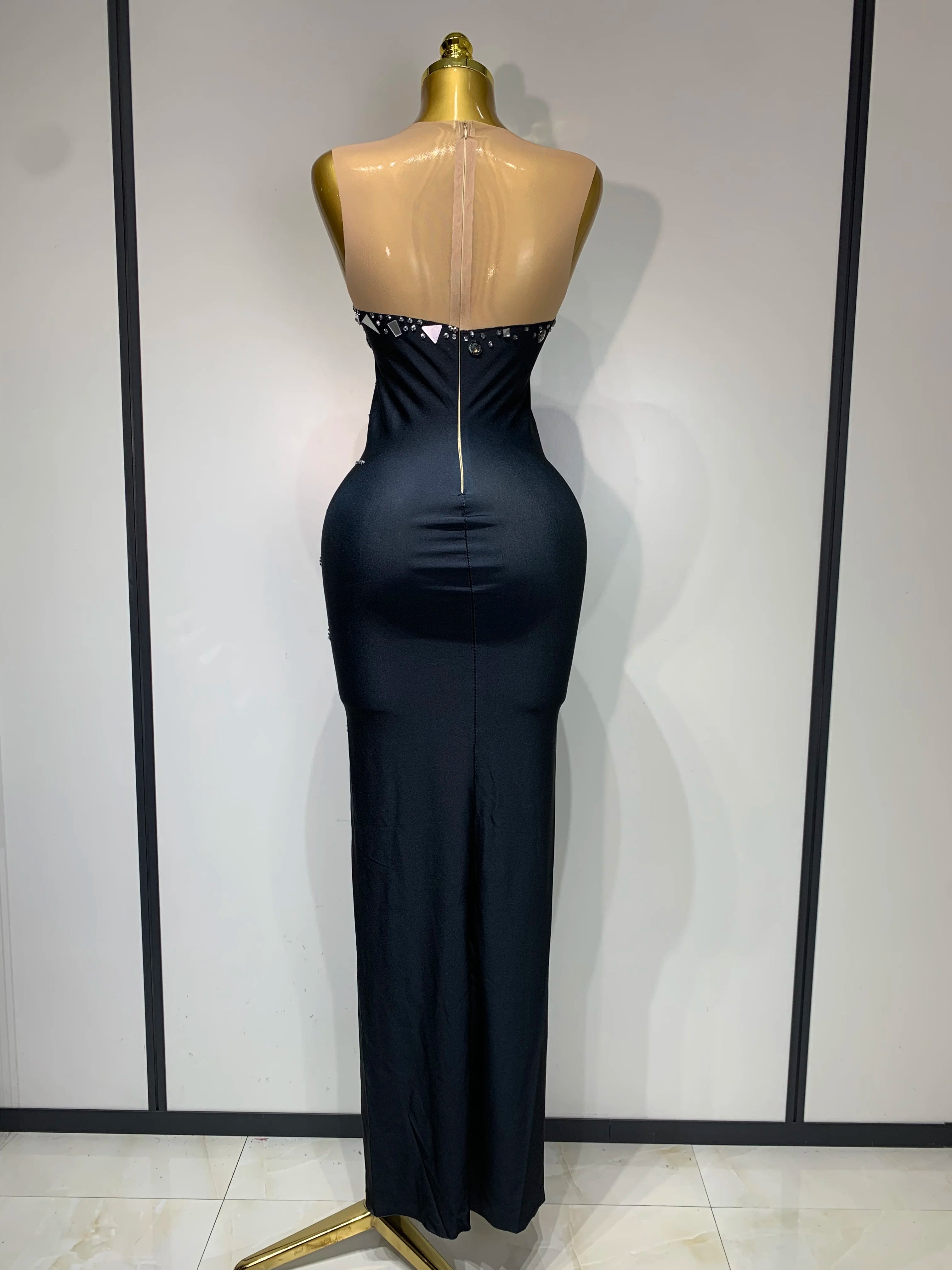 Vestido preto com patchwork e strass, com lentes de laço, vestido longo para festa, comemoração, baile de formatura, palco, festival