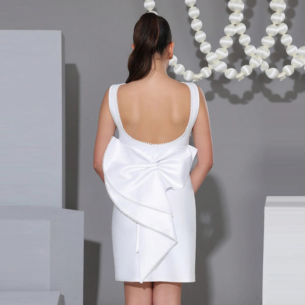 White Backless Pearl Bow Evening Party Dress Bandage Women 2025 Robes Elegant Sexy Dress Bodycon Mini Summer Dress Vestidos