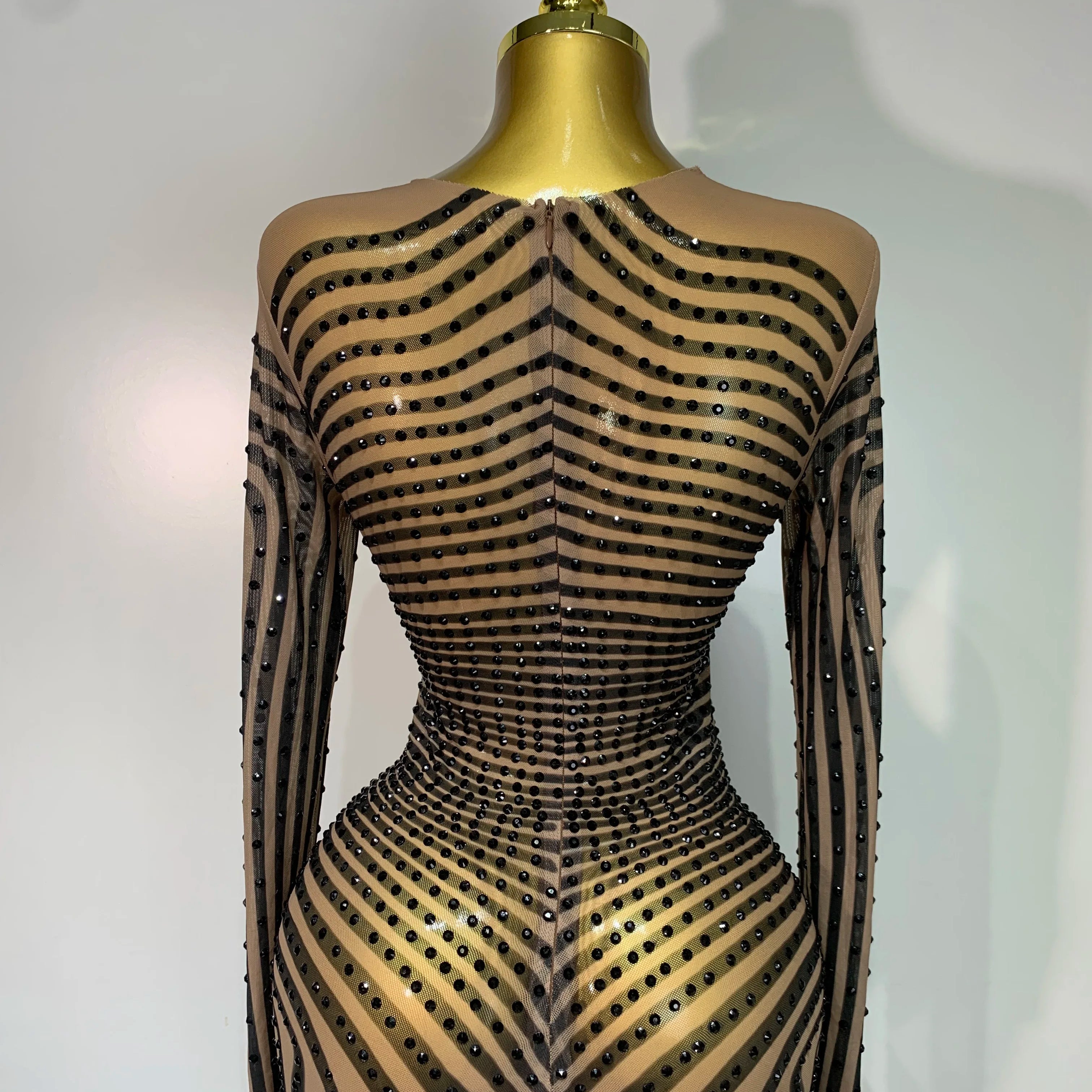 Women Sexy Mesh Perspective Shiny Diamond Dinner Dress Elegant Celebrity Evrning Party BirthdayDress Singer Stage Outfit