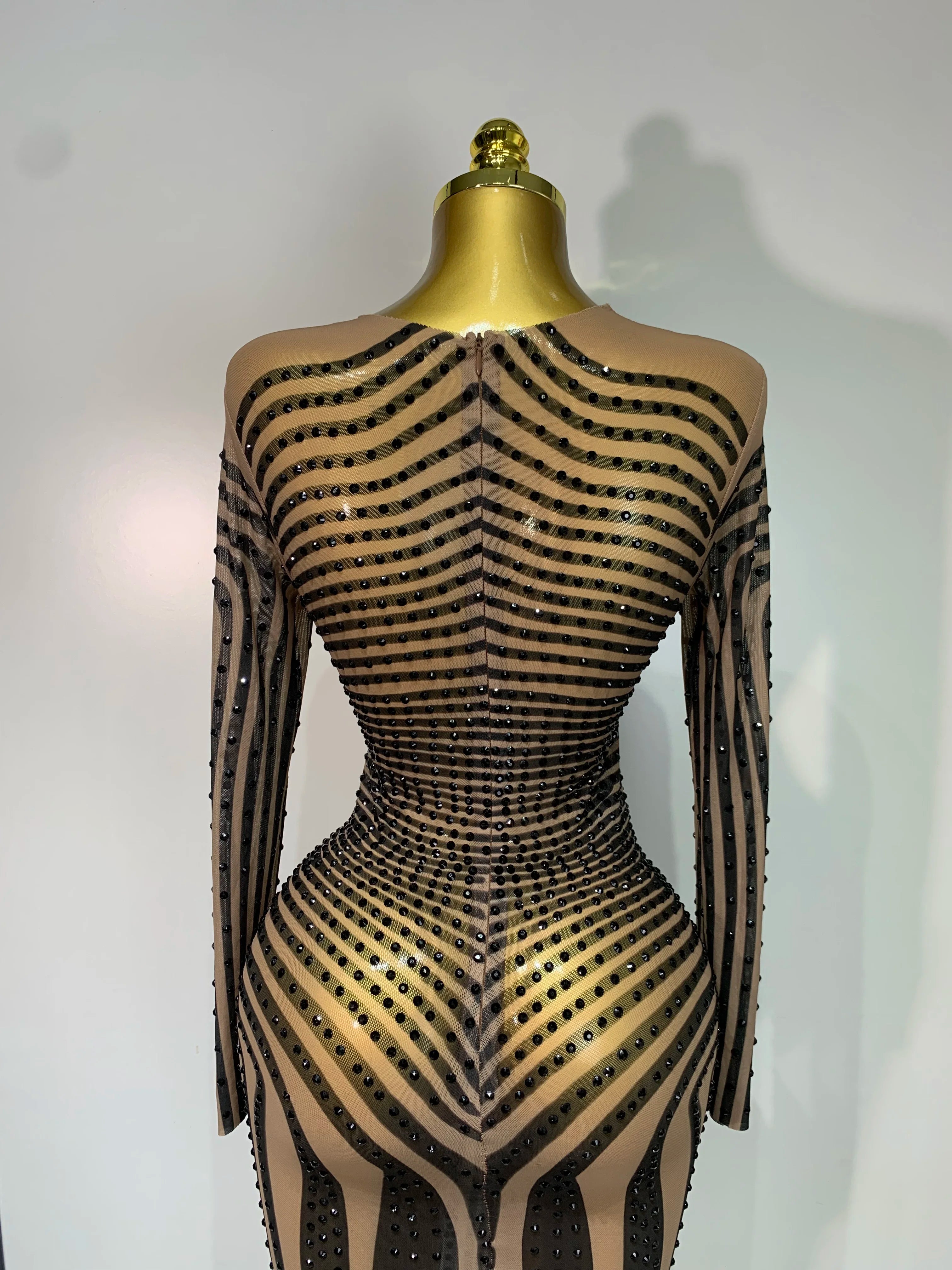 Women Sexy Mesh Perspective Shiny Diamond Dinner Dress Elegant Celebrity Evrning Party BirthdayDress Singer Stage Outfit