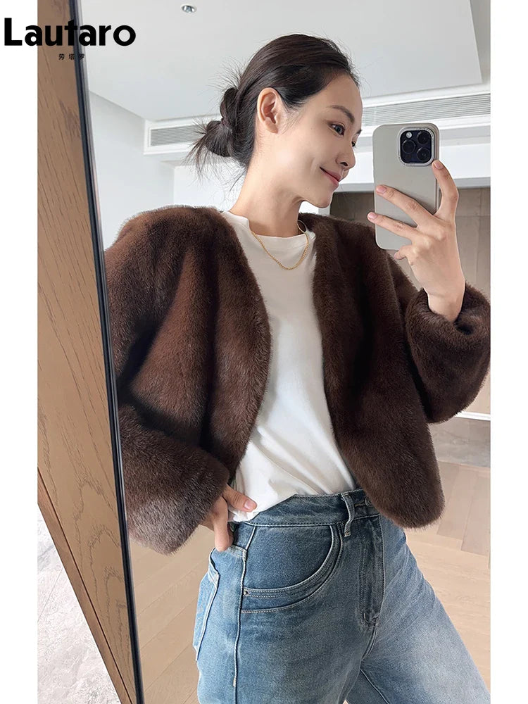 Autumn Winter Chic Luxury Soft Thick Warm Brown Faux Mink Fur Coat Women with Deep V Neck Long Sleeve Fluffy Jacket 2024