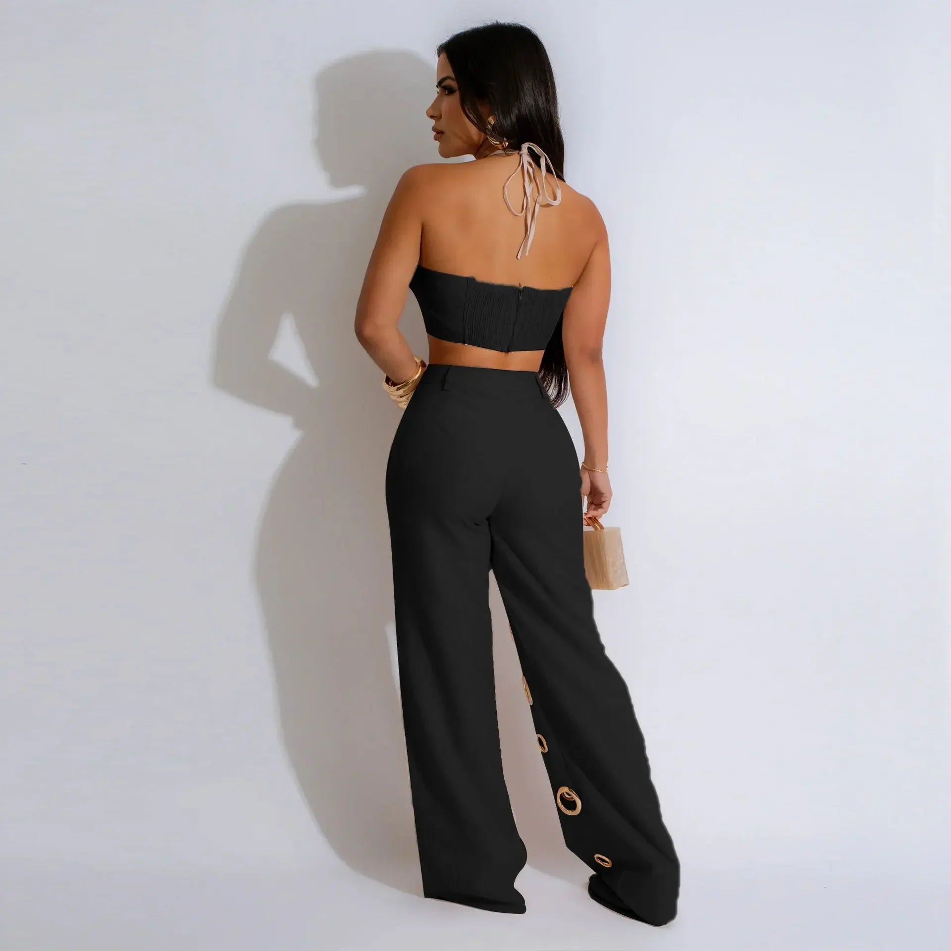 CM.YAYA Women Set Sleeveless Strapless Tops +Wide Leg Pants Two 2 Piece Set Hole Hollow Out Outfit Summer Sexy Street Tracksuit