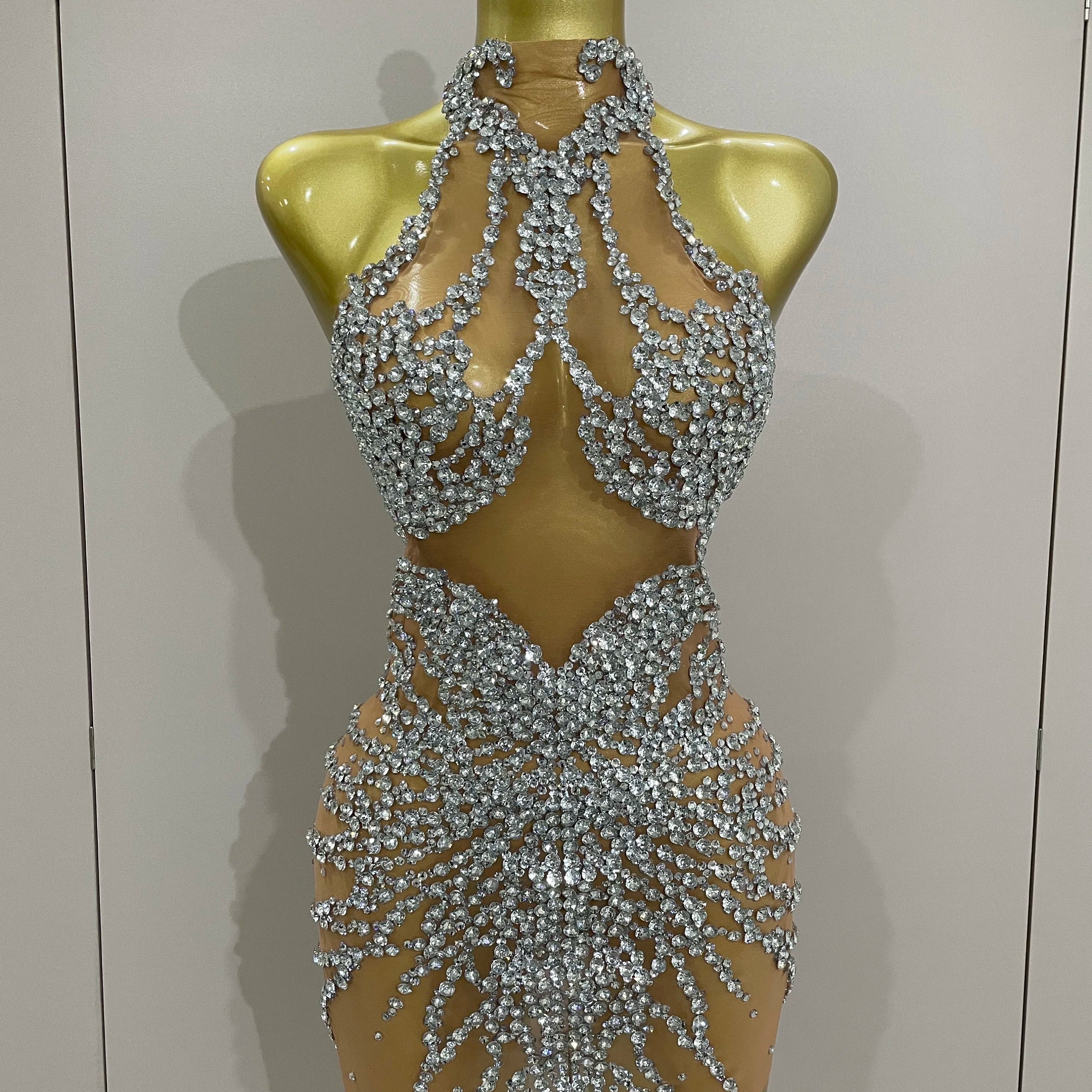 Luxury Sparkle Rhinestones Mesh Transparent Prom Dress 2025 New Women Sexy Birthday Celebrate Party Club Prom Outfit Bar Costume