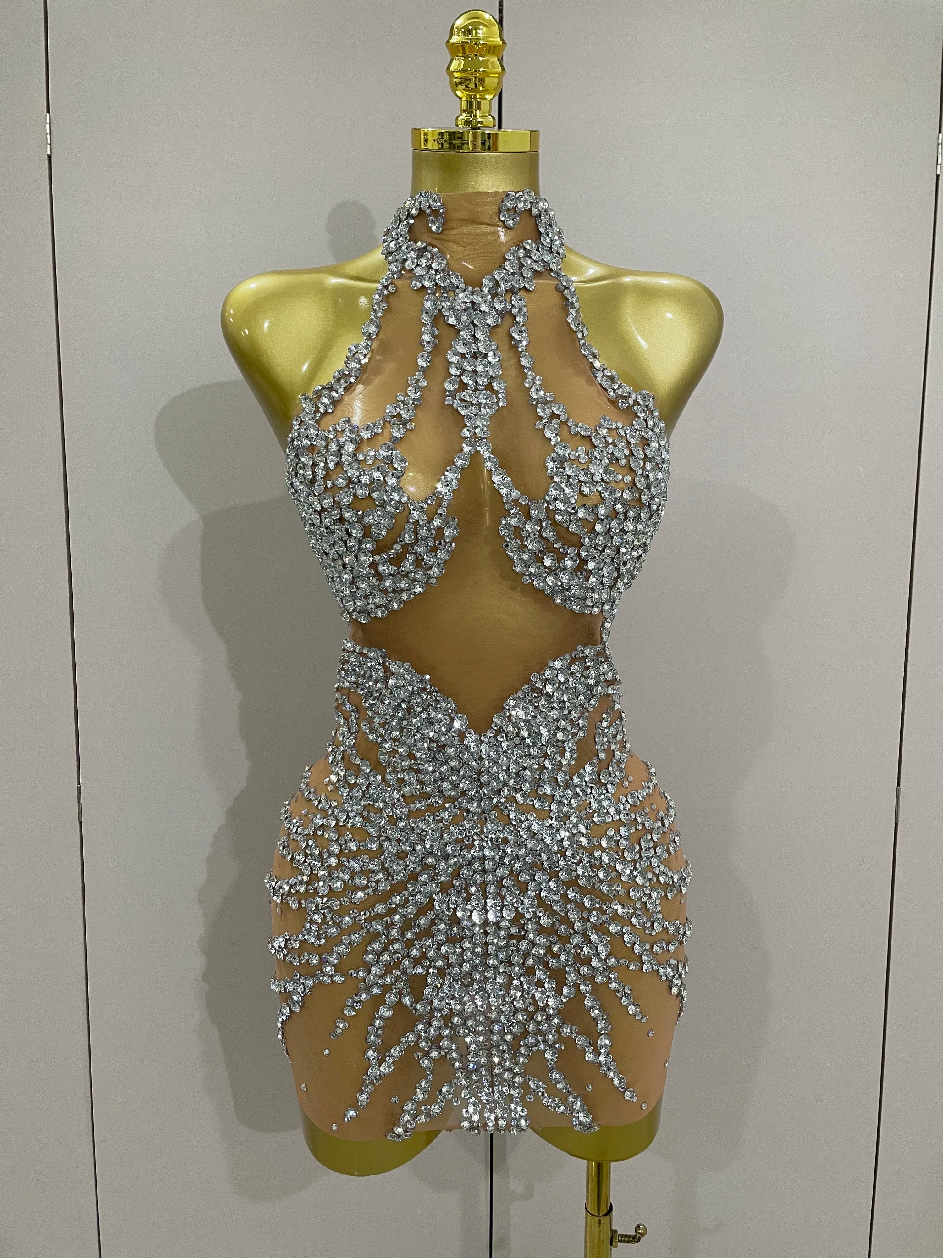 Luxury Sparkle Rhinestones Mesh Transparent Prom Dress 2025 New Women Sexy Birthday Celebrate Party Club Prom Outfit Bar Costume