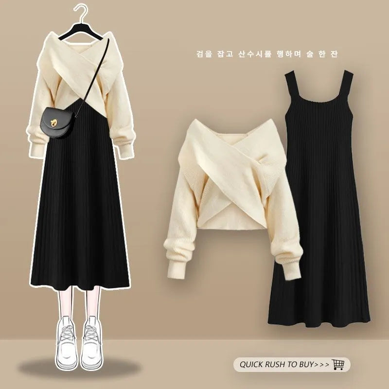 Women's Autumn Winter Knit Dress Two Piece Fashion Cross Sweater+Suspended Skirt Matching Set Korean Elegant Chic Suit Set 05