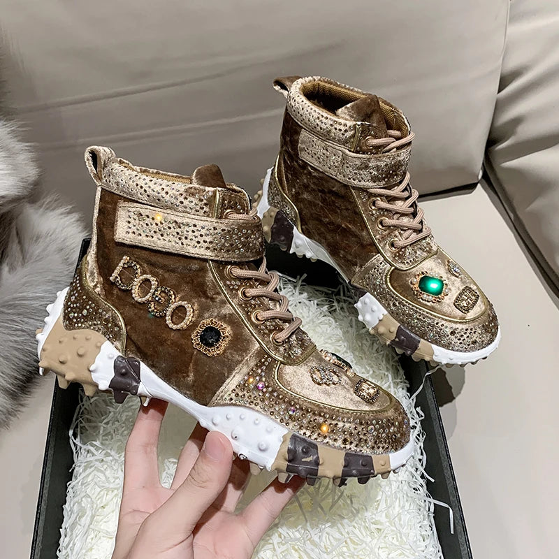 Ladies Vulcanized Shoes High Top Durian Sole Women Shoes Fashion Rhinestone Decoration Magic Sticker Lace Up Black Women Shoes Gold