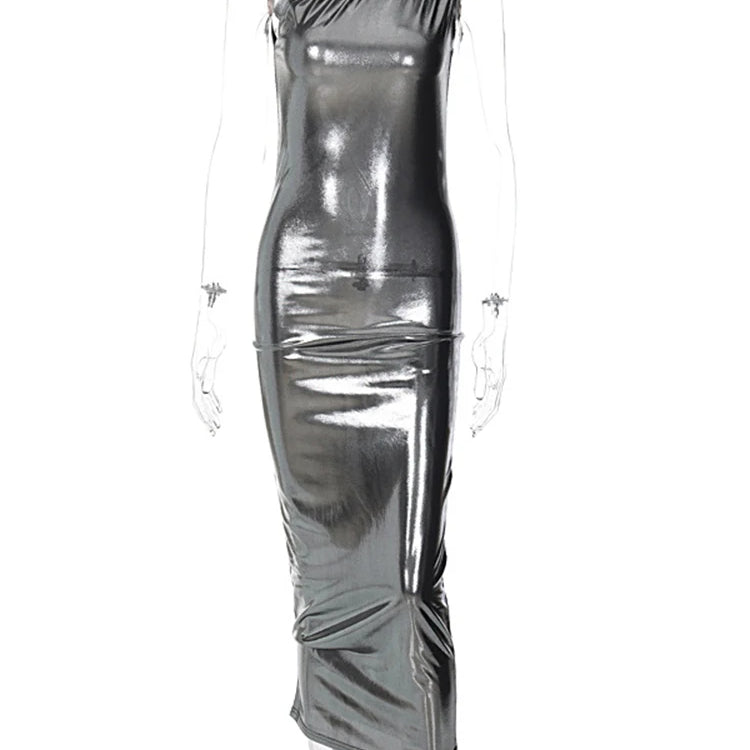 Faux Leather Sleeveless One Shoulder Long Dress For Women Bodycon Sexy Streetwear Party Club Outfits Summer Clothes