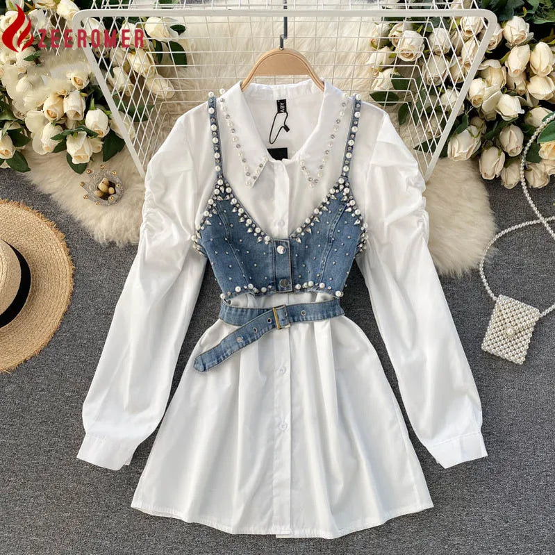 High-End White Shirt Dress Female Lapel Diamond Pearl Luxury Shirt Short Denim Vest Chic Two Piece Sets Female Fashion