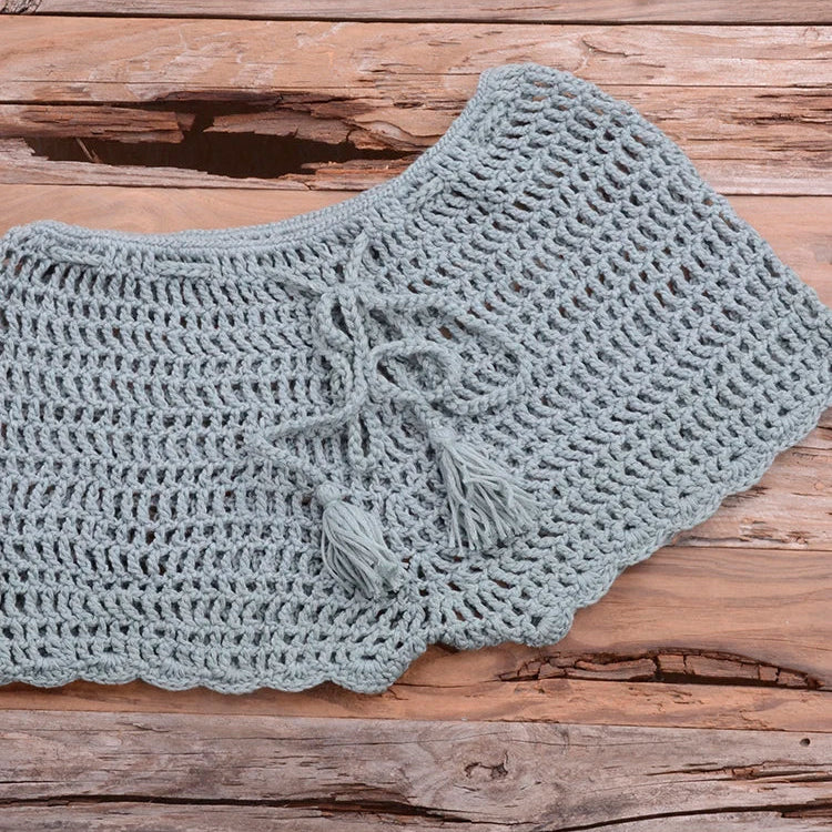 Crochet Hollow Out Tassel Beach Cover Up Sexy Women Mini Tops Beachwear Bikini Swimwear Bathing Suit Cover Up Lake Green Bottom One Size