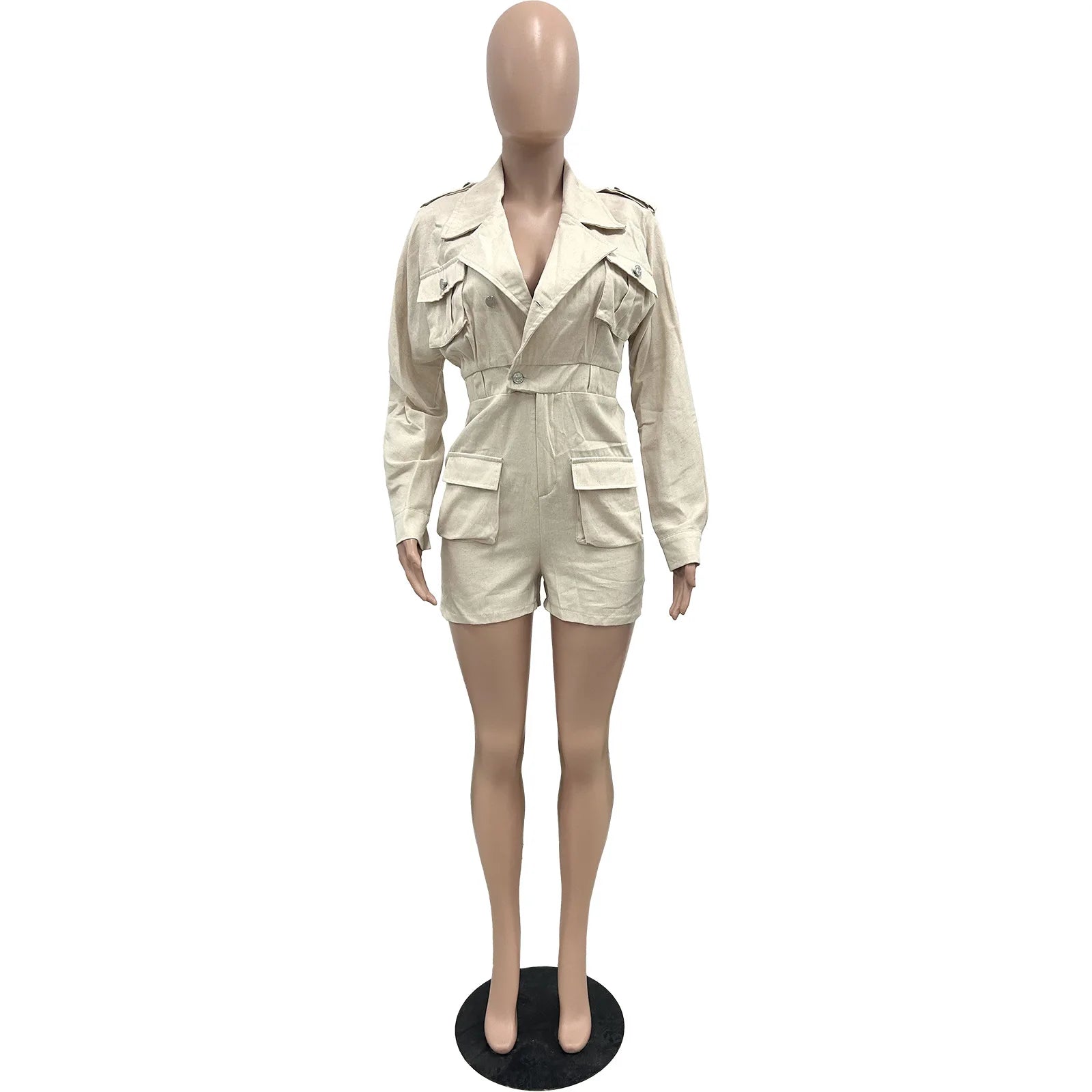 Shorts jumpsuit Button Pocket Design Romper cargo jumpsuit pants Spring Women long sleeve Casual Turn-Down jumpsuit