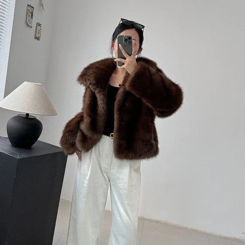 Brown Women Faux Sable Fur Jacket Oversized Lapel Long Sleeve Warm Fluffy Coats Winter Female Loose Streetwear Outwears