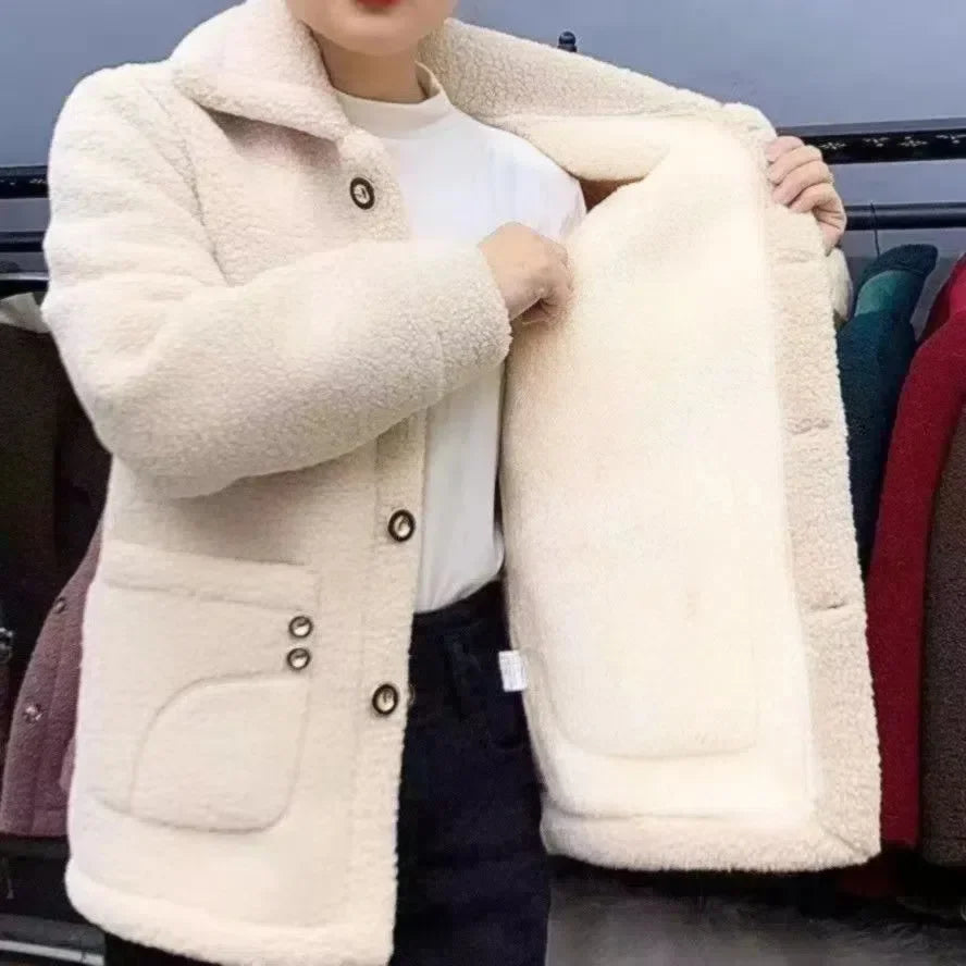 Clothes Women Overcoat Velvet Thickened Lamb Fleece Long Sleeve Coat Warm Coat Autumn Winter Overgarment Solid Color Plus Size