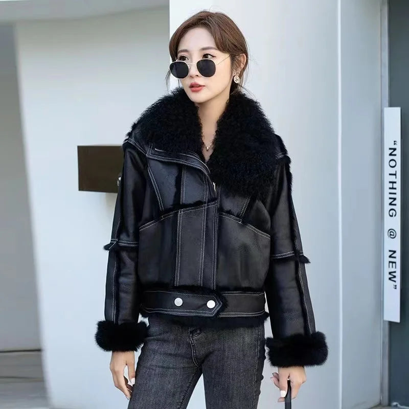 2023 Winter Short Women's Natural Rabbit Hair Lined Sheepskin Collar Coat Fashion Luxury Warm Leather Coat Black