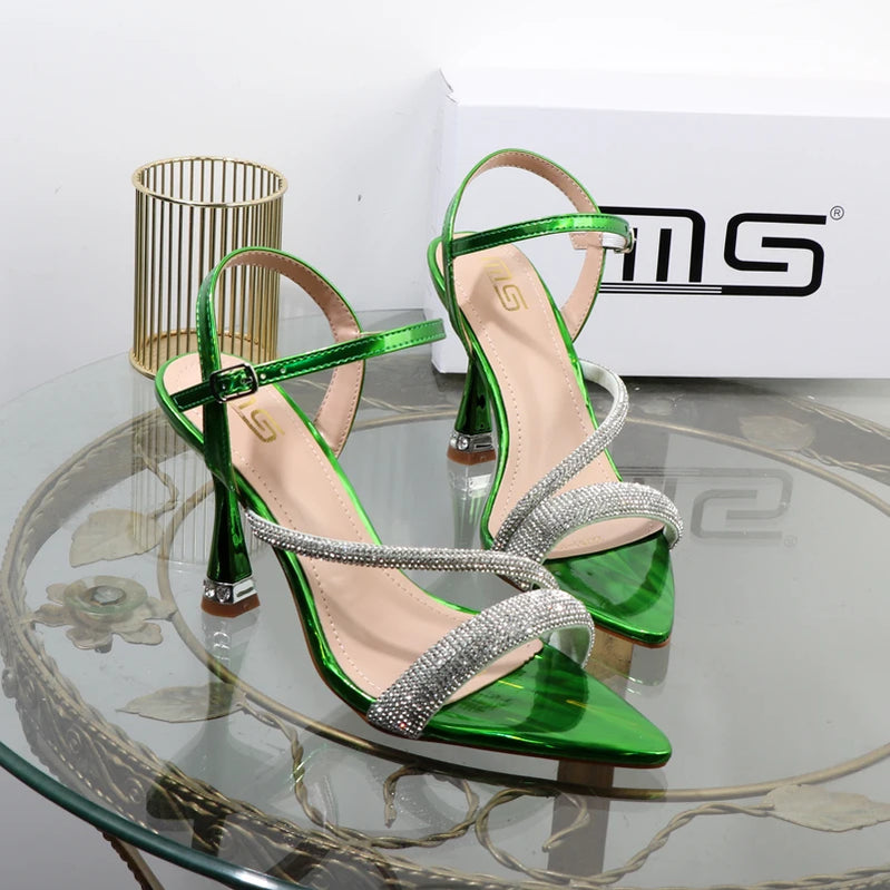 Luxury elegant green shoes summer new high heels fashion Joker fashion fairy sandals Rhinestone buckle with women's shoes