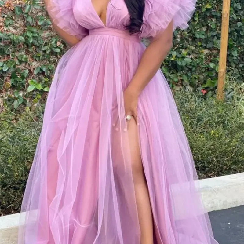 CM.YAYA Women Cascading Ruffles Shoulder High Side Split Mesh Patchwork Maxi Long Dress 2023 sexy even Party Vestidos Dresses