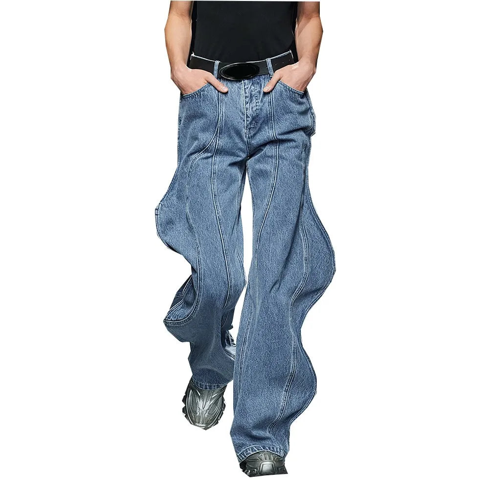 Irregular Spliced Pockets Jeans High Waist Patchwork Zipper Vintage Minimalist Wide Leg Jean Female Fashion Clothes Blue