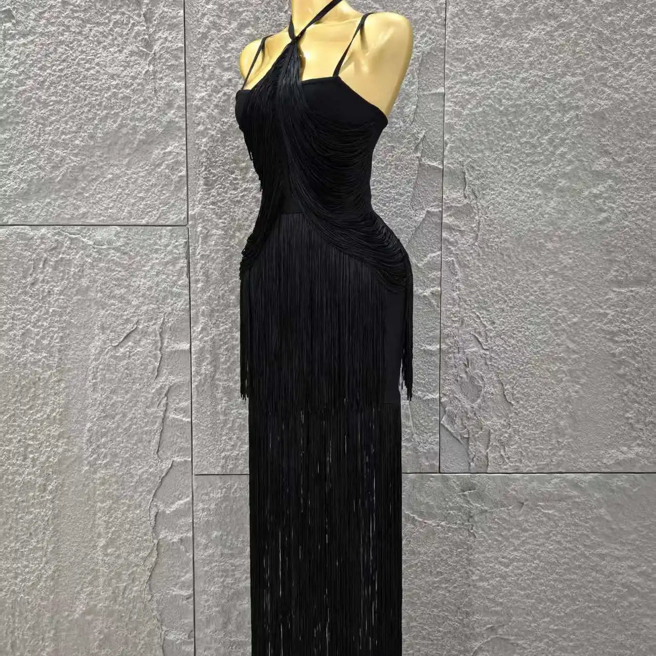 Vestido longo preto sem mangas feminino, sexy, com decote em V, com borlas, justo, bandagem, para festa noturna, coquetel