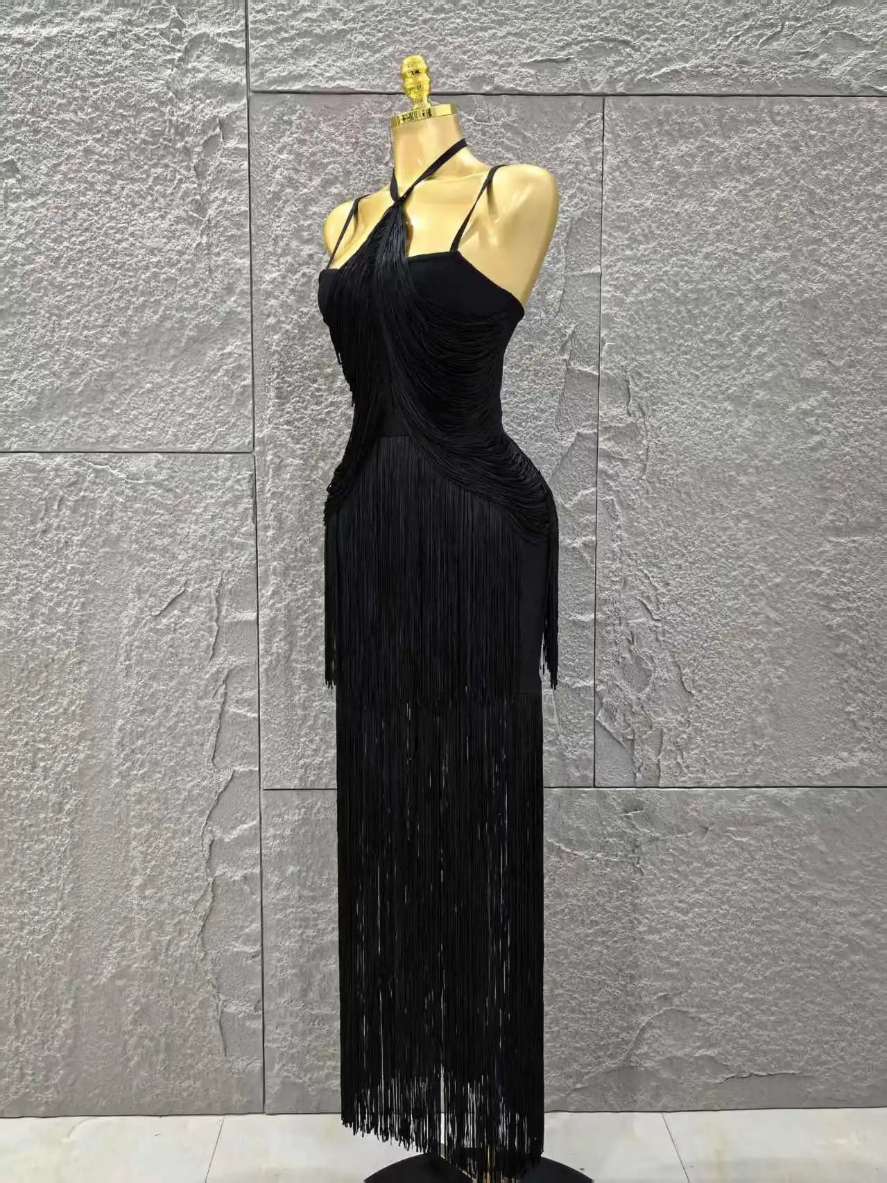 Vestido longo preto sem mangas feminino, sexy, com decote em V, com borlas, justo, bandagem, para festa noturna, coquetel