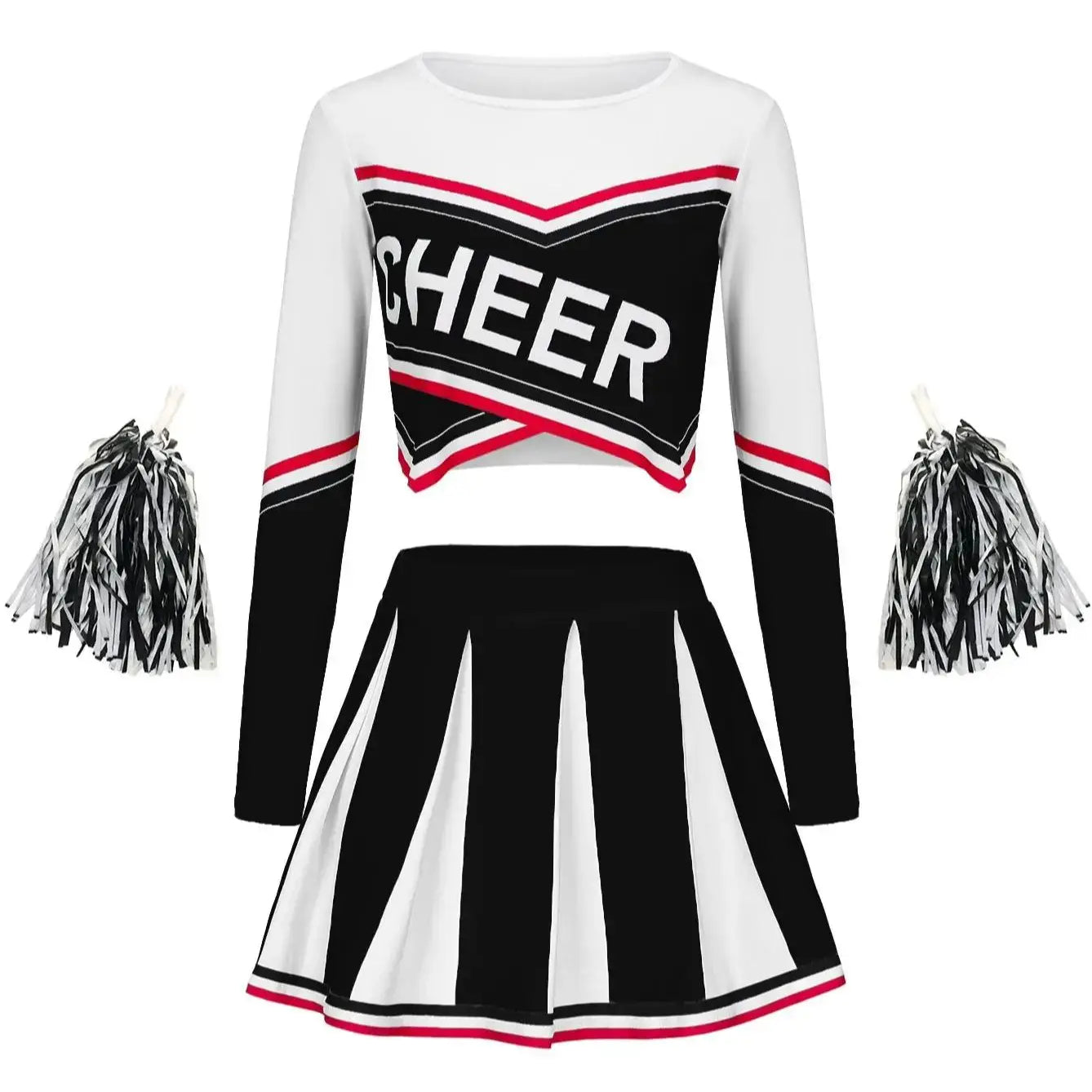 Women's Long Sleeve Cheerleader pompon Sexy Student Stage Music Performance Dress Skirt Halloween Uniform black