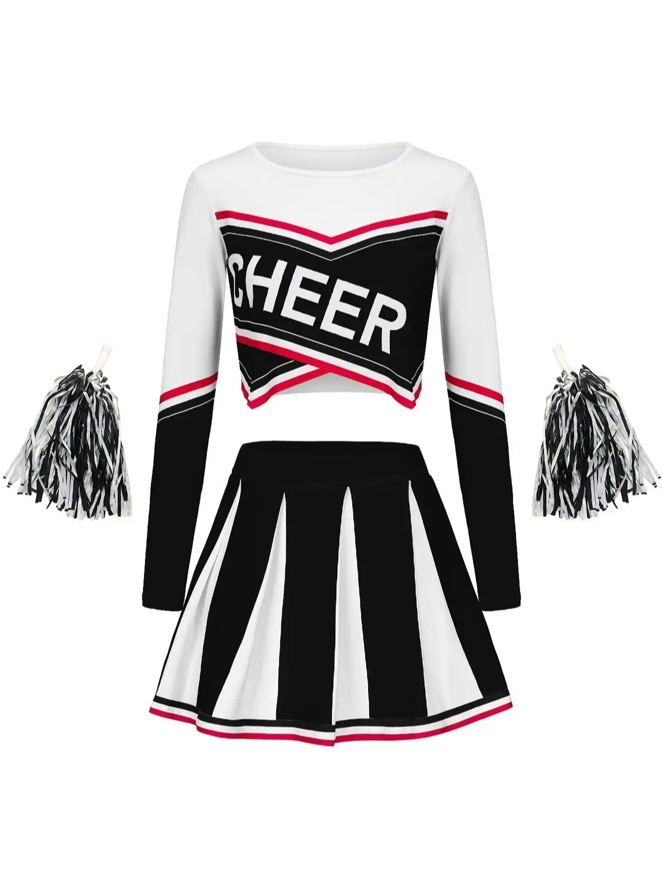 Women's Long Sleeve Cheerleader pompon Sexy Student Stage Music Performance Dress Skirt Halloween Uniform black