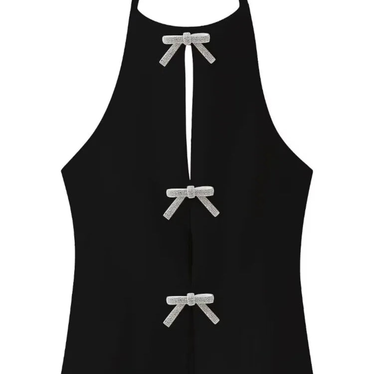Aonibeier Y2K Black White Women Camis Traf Summer Diamonds Bow Hollow Out Sleeveless Backless Slim Halter Female Crop Top B