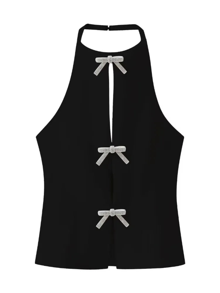 Aonibeier Y2K Black White Women Camis Traf Summer Diamonds Bow Hollow Out Sleeveless Backless Slim Halter Female Crop Top B