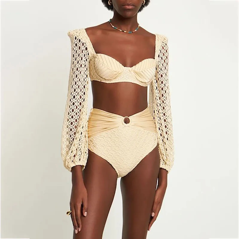 Knit Mesh Crochet Long Sleeve Bikini Sets Cut Out Stretch Swimsuit Cover Up Luxury Swimwear Women's Beach Outfits Beachwear 2024