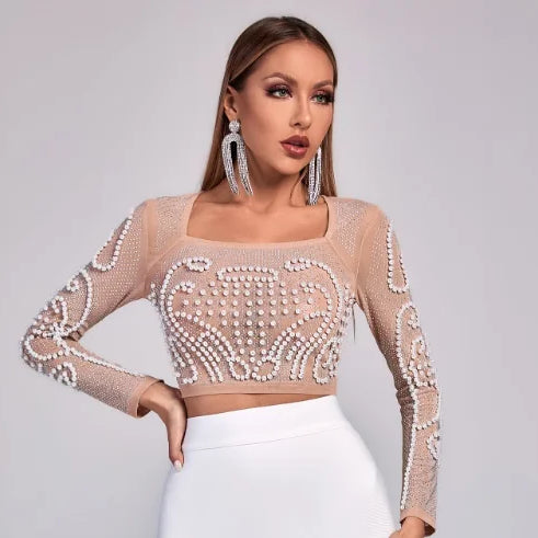 Top Quality Celebrity Black White Two Pieces Set Pearl Beading Hollow Out Rayon Bandage Dress Party Fashion Dress Vestidos