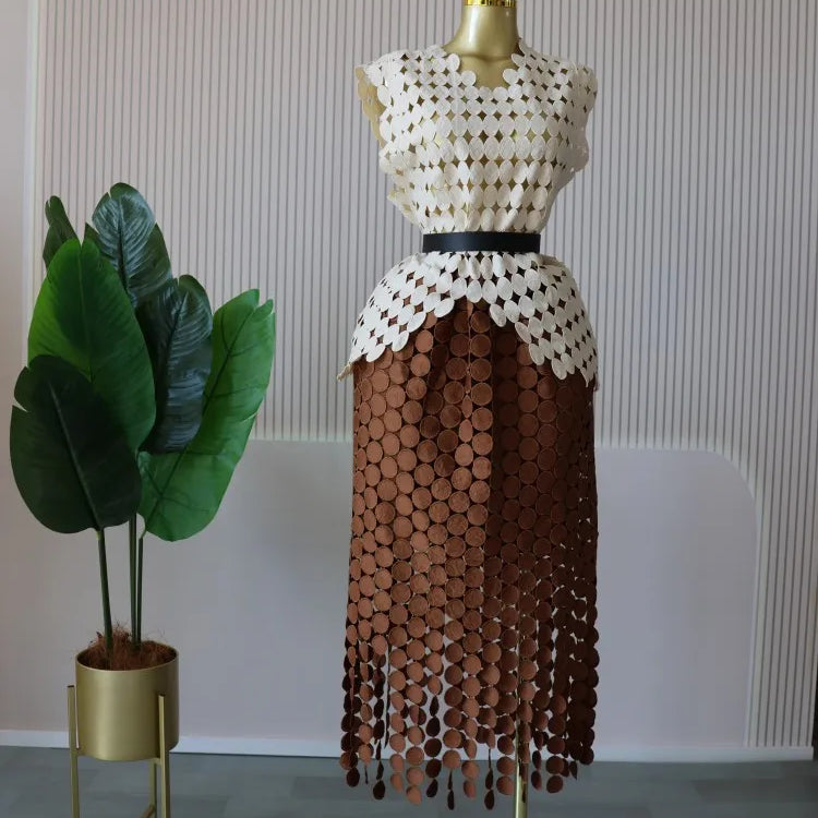 CM.YAYA Women Cutout O-neck Crop Top and Bodycon Midi Slim Maxi Long Skirt Suit 2025 Summer Vacation Sexy Two 2Piece Set Outfits Apricot-brown-belt One Size