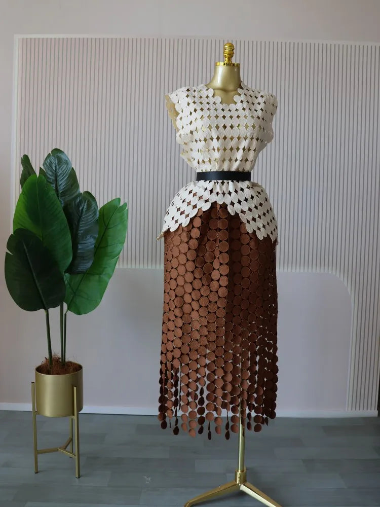 CM.YAYA Women Cutout O-neck Crop Top and Bodycon Midi Slim Maxi Long Skirt Suit 2025 Summer Vacation Sexy Two 2Piece Set Outfits Apricot-brown-belt One Size