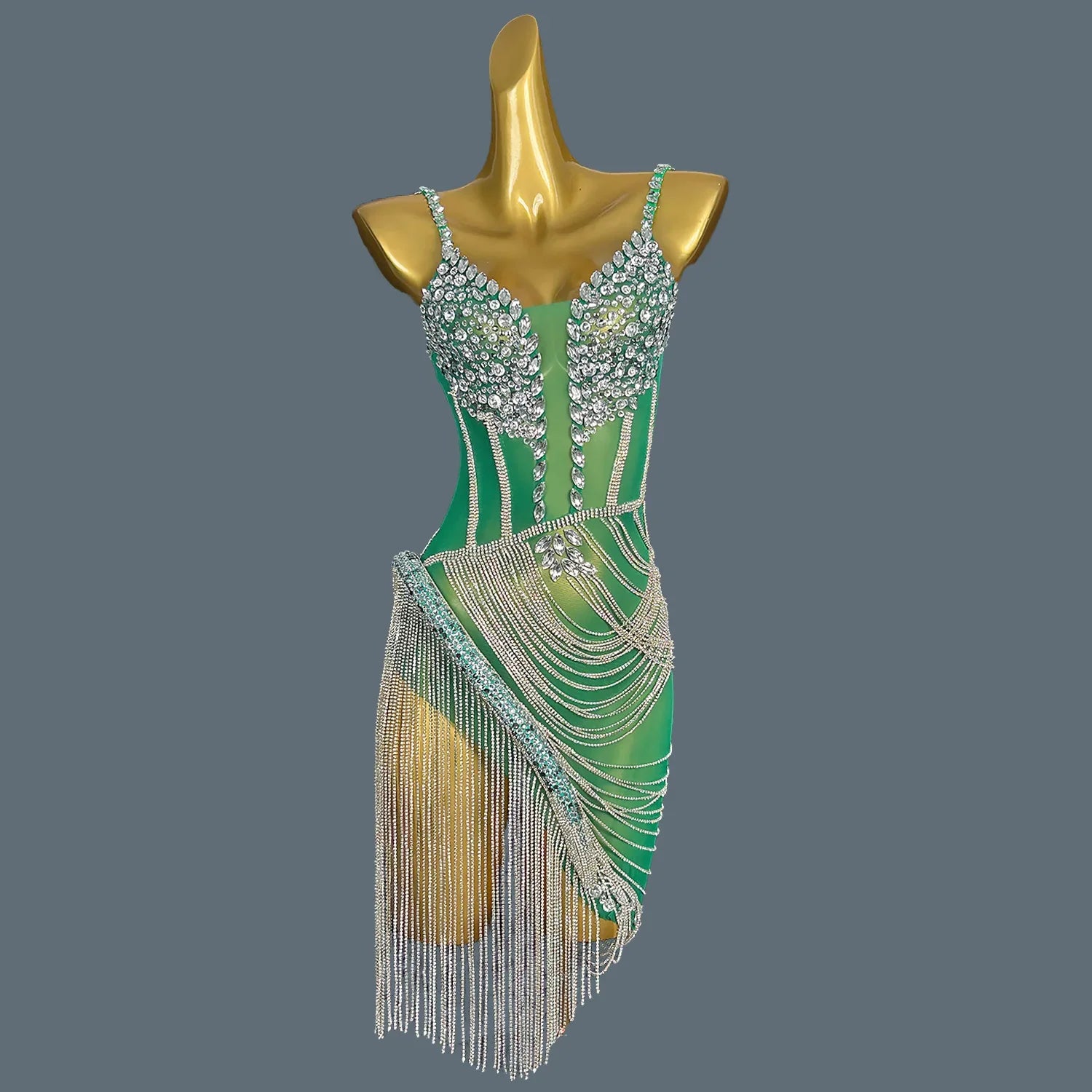 Women Green Crystal Chain Diamonds Dress Elastic Sexy Mini Night Club Performance Costume Birthday Party Dress Tassel Liehu green