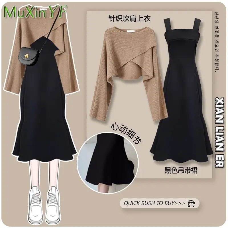 Autumn/Winter New Matching Set Women's Chic Knit Sweater Split Sling Skirt Two Piece Korean Elegant Bow Cardigan Dress Suit