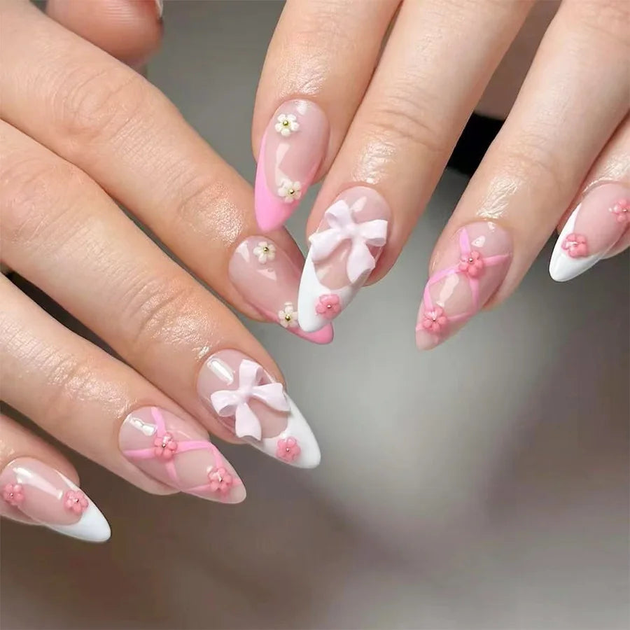 24pcs/set Short Medium fake nails for women girls 3D cute pink bow flowers leopard french square almond tips press on false nail